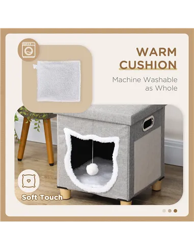 PawHut Cat House Cave, Cat Bed Cube with Scratching Pad, Soft Detachable & Washable Cushion, Toy Ball, for Indoor Kittens, Grey