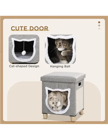 PawHut Cat House Cave, Cat Bed Cube with Scratching Pad, Soft Detachable & Washable Cushion, Toy Ball, for Indoor Kittens, Grey