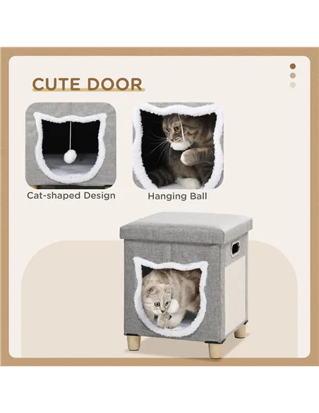 PawHut Cat House Cave, Cat Bed Cube with Scratching Pad, Soft Detachable & Washable Cushion, Toy Ball, for Indoor Kittens, Grey