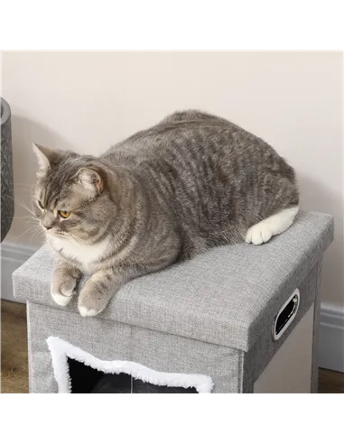 PawHut Cat House Cave, Cat Bed Cube with Scratching Pad, Soft Detachable & Washable Cushion, Toy Ball, for Indoor Kittens, Grey