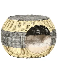 PawHut Wicker Cat House, Rattan Raised Cat Bed, Cosy Kitten Cave with Soft Washable Cushion, Φ40 x 30cm