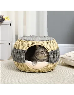 PawHut Wicker Cat House, Rattan Raised Cat Bed, Cosy Kitten Cave with Soft Washable Cushion, Φ40 x 30cm 2