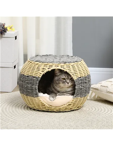 PawHut Wicker Cat House, Rattan Raised Cat Bed, Cosy Kitten Cave with Soft Washable Cushion, Φ40 x 30cm
