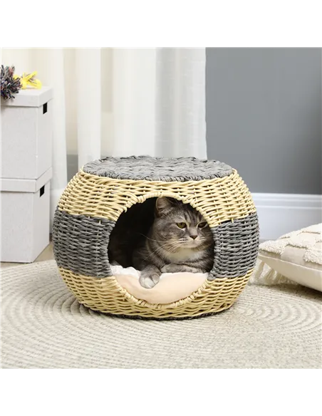PawHut Wicker Cat House, Rattan Raised Cat Bed, Cosy Kitten Cave with Soft Washable Cushion, Φ40 x 30cm