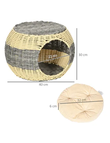 PawHut Wicker Cat House, Rattan Raised Cat Bed, Cosy Kitten Cave with Soft Washable Cushion, Φ40 x 30cm