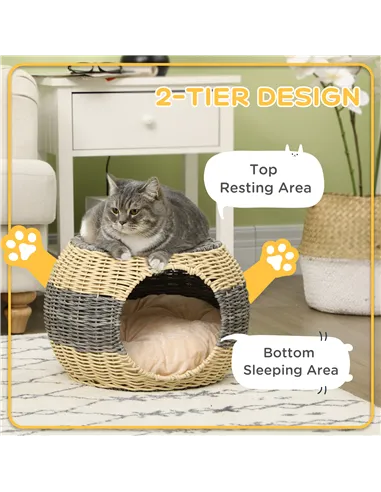 PawHut Wicker Cat House, Rattan Raised Cat Bed, Cosy Kitten Cave with Soft Washable Cushion, Φ40 x 30cm