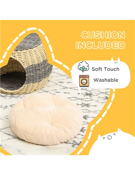 PawHut Wicker Cat House, Rattan Raised Cat Bed, Cosy Kitten Cave with Soft Washable Cushion, Φ40 x 30cm