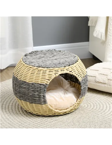 PawHut Wicker Cat House, Rattan Raised Cat Bed, Cosy Kitten Cave with Soft Washable Cushion, Φ40 x 30cm