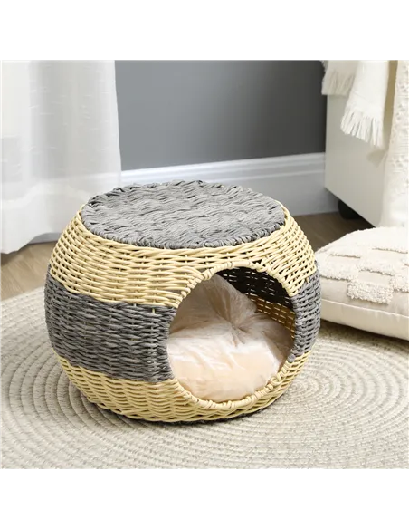 PawHut Wicker Cat House, Rattan Raised Cat Bed, Cosy Kitten Cave with Soft Washable Cushion, Φ40 x 30cm