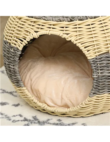 PawHut Wicker Cat House, Rattan Raised Cat Bed, Cosy Kitten Cave with Soft Washable Cushion, Φ40 x 30cm