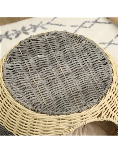 PawHut Wicker Cat House, Rattan Raised Cat Bed, Cosy Kitten Cave with Soft Washable Cushion, Φ40 x 30cm