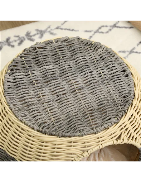 PawHut Wicker Cat House, Rattan Raised Cat Bed, Cosy Kitten Cave with Soft Washable Cushion, Φ40 x 30cm