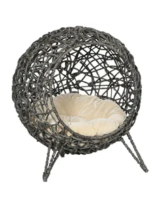 PawHut Rattan Elevated Cat Bed House Kitten Basket Ball Shaped Pet Furniture w/ Removable Cushion - Silver-Tone and Grey