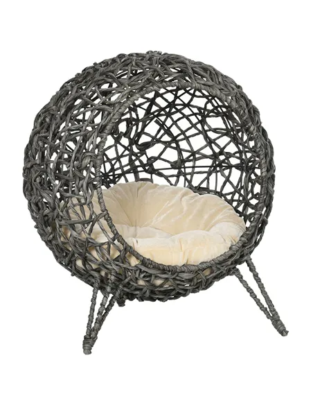 PawHut Rattan Elevated Cat Bed House Kitten Basket Ball Shaped Pet Furniture w/ Removable Cushion - Silver-Tone and Grey