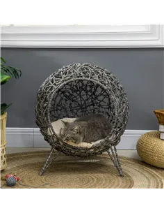 PawHut Rattan Elevated Cat Bed House Kitten Basket Ball Shaped Pet Furniture w/ Removable Cushion - Silver-Tone and Grey 2