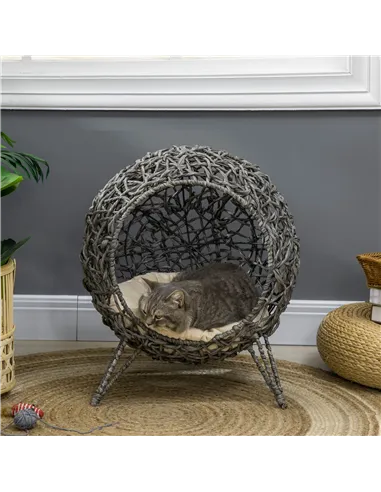 PawHut Rattan Elevated Cat Bed House Kitten Basket Ball Shaped Pet Furniture w/ Removable Cushion - Silver-Tone and Grey