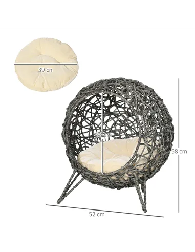 PawHut Rattan Elevated Cat Bed House Kitten Basket Ball Shaped Pet Furniture w/ Removable Cushion - Silver-Tone and Grey