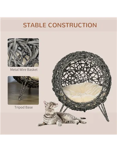 PawHut Rattan Elevated Cat Bed House Kitten Basket Ball Shaped Pet Furniture w/ Removable Cushion - Silver-Tone and Grey
