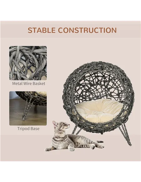 PawHut Rattan Elevated Cat Bed House Kitten Basket Ball Shaped Pet Furniture w/ Removable Cushion - Silver-Tone and Grey