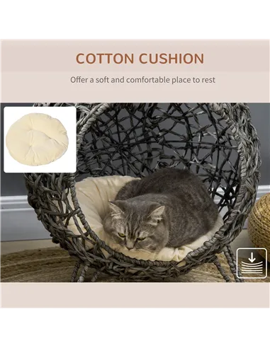PawHut Rattan Elevated Cat Bed House Kitten Basket Ball Shaped Pet Furniture w/ Removable Cushion - Silver-Tone and Grey