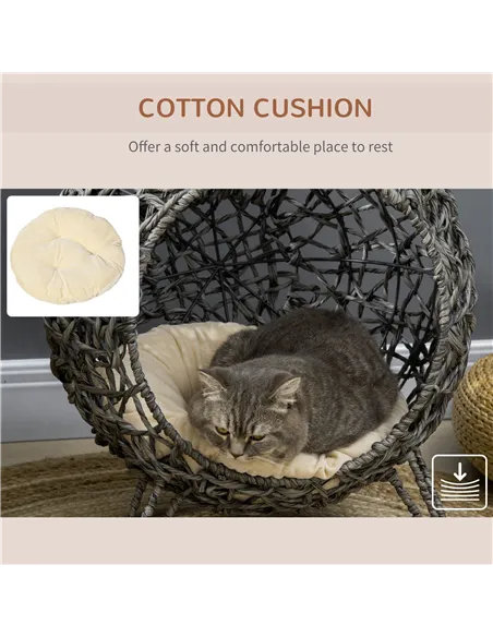 PawHut Rattan Elevated Cat Bed House Kitten Basket Ball Shaped Pet Furniture w/ Removable Cushion - Silver-Tone and Grey