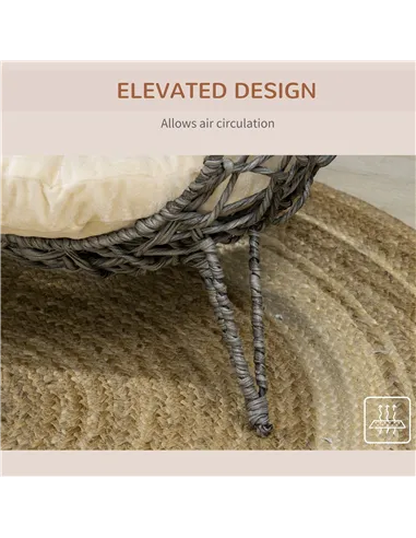 PawHut Rattan Elevated Cat Bed House Kitten Basket Ball Shaped Pet Furniture w/ Removable Cushion - Silver-Tone and Grey