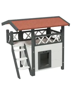 PawHut Cat House Outdoor w/ Balcony Stairs Roof, 77 x 50 x 73 cm, White