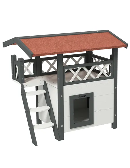 PawHut Cat House Outdoor w/ Balcony Stairs Roof, 77 x 50 x 73 cm, White