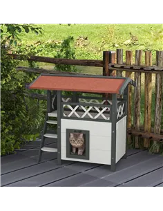 PawHut Cat House Outdoor w/ Balcony Stairs Roof, 77 x 50 x 73 cm, White 2
