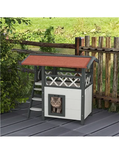 PawHut Cat House Outdoor w/ Balcony Stairs Roof, 77 x 50 x 73 cm, White
