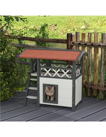 PawHut Cat House Outdoor w/ Balcony Stairs Roof, 77 x 50 x 73 cm, White