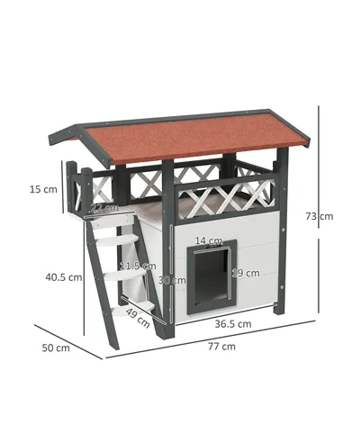 PawHut Cat House Outdoor w/ Balcony Stairs Roof, 77 x 50 x 73 cm, White