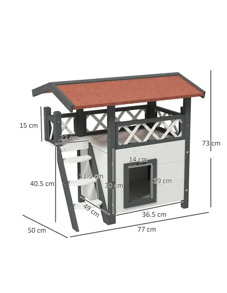 PawHut Cat House Outdoor w/ Balcony Stairs Roof, 77 x 50 x 73 cm, White