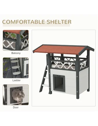 PawHut Cat House Outdoor w/ Balcony Stairs Roof, 77 x 50 x 73 cm, White