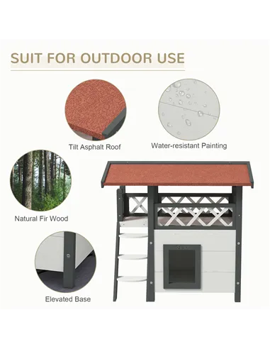 PawHut Cat House Outdoor w/ Balcony Stairs Roof, 77 x 50 x 73 cm, White