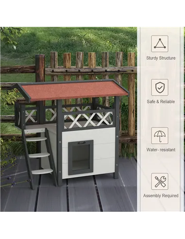 PawHut Cat House Outdoor w/ Balcony Stairs Roof, 77 x 50 x 73 cm, White