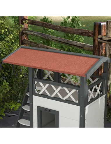 PawHut Cat House Outdoor w/ Balcony Stairs Roof, 77 x 50 x 73 cm, White