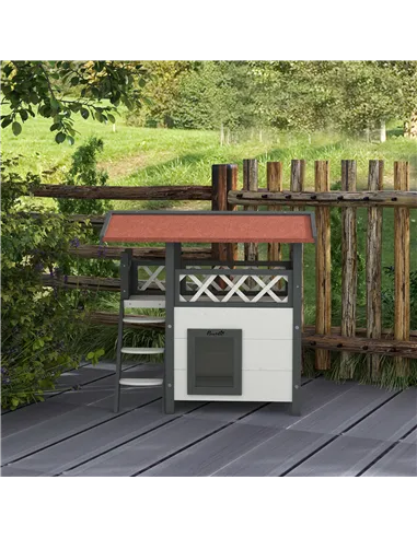 PawHut Cat House Outdoor w/ Balcony Stairs Roof, 77 x 50 x 73 cm, White