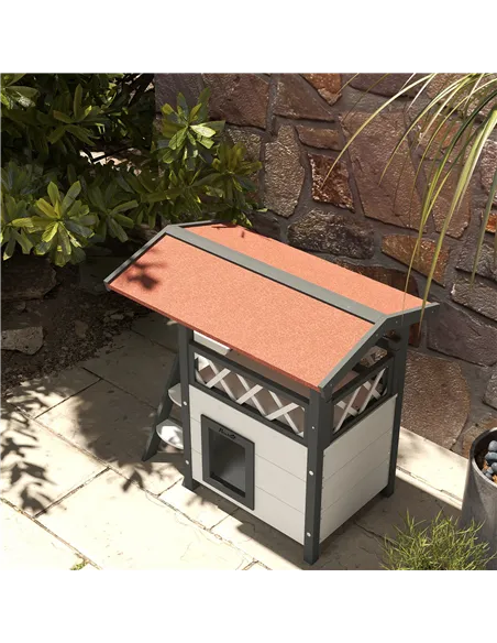 PawHut Cat House Outdoor w/ Balcony Stairs Roof, 77 x 50 x 73 cm, White