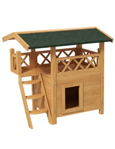 PawHut Cat House Outdoor w/ Balcony Stairs Roof, 77 x 50 x 73 cm, Natural Wood Finish