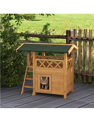 PawHut Cat House Outdoor w/ Balcony Stairs Roof, 77 x 50 x 73 cm, Natural Wood Finish