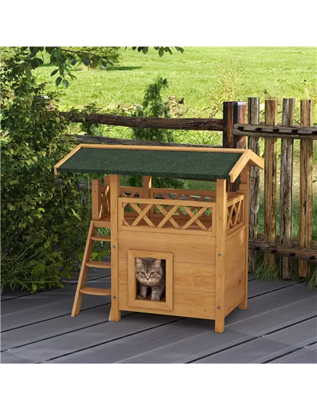 PawHut Cat House Outdoor w/ Balcony Stairs Roof, 77 x 50 x 73 cm, Natural Wood Finish