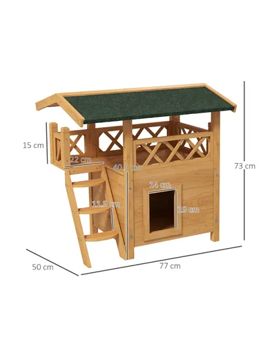 PawHut Cat House Outdoor w/ Balcony Stairs Roof, 77 x 50 x 73 cm, Natural Wood Finish