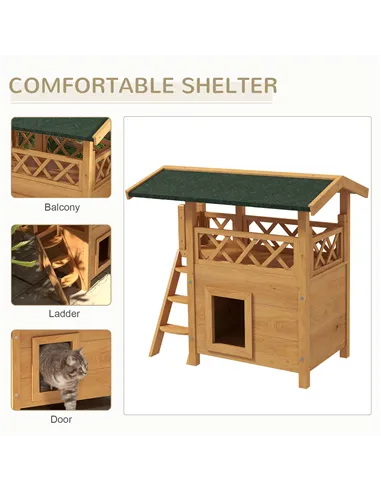 PawHut Cat House Outdoor w/ Balcony Stairs Roof, 77 x 50 x 73 cm, Natural Wood Finish