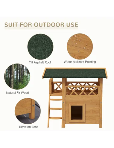 PawHut Cat House Outdoor w/ Balcony Stairs Roof, 77 x 50 x 73 cm, Natural Wood Finish