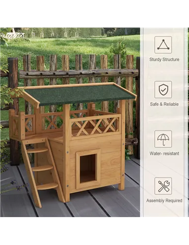 PawHut Cat House Outdoor w/ Balcony Stairs Roof, 77 x 50 x 73 cm, Natural Wood Finish