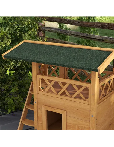 PawHut Cat House Outdoor w/ Balcony Stairs Roof, 77 x 50 x 73 cm, Natural Wood Finish
