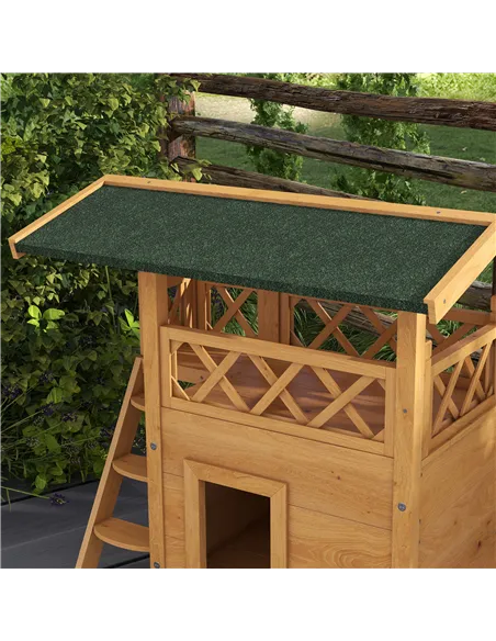 PawHut Cat House Outdoor w/ Balcony Stairs Roof, 77 x 50 x 73 cm, Natural Wood Finish