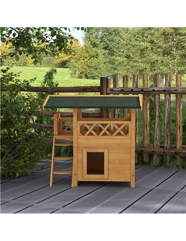 PawHut Cat House Outdoor w/ Balcony Stairs Roof, 77 x 50 x 73 cm, Natural Wood Finish