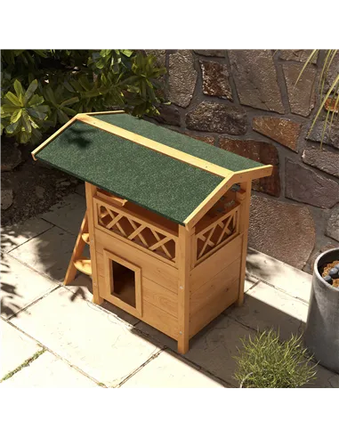 PawHut Cat House Outdoor w/ Balcony Stairs Roof, 77 x 50 x 73 cm, Natural Wood Finish